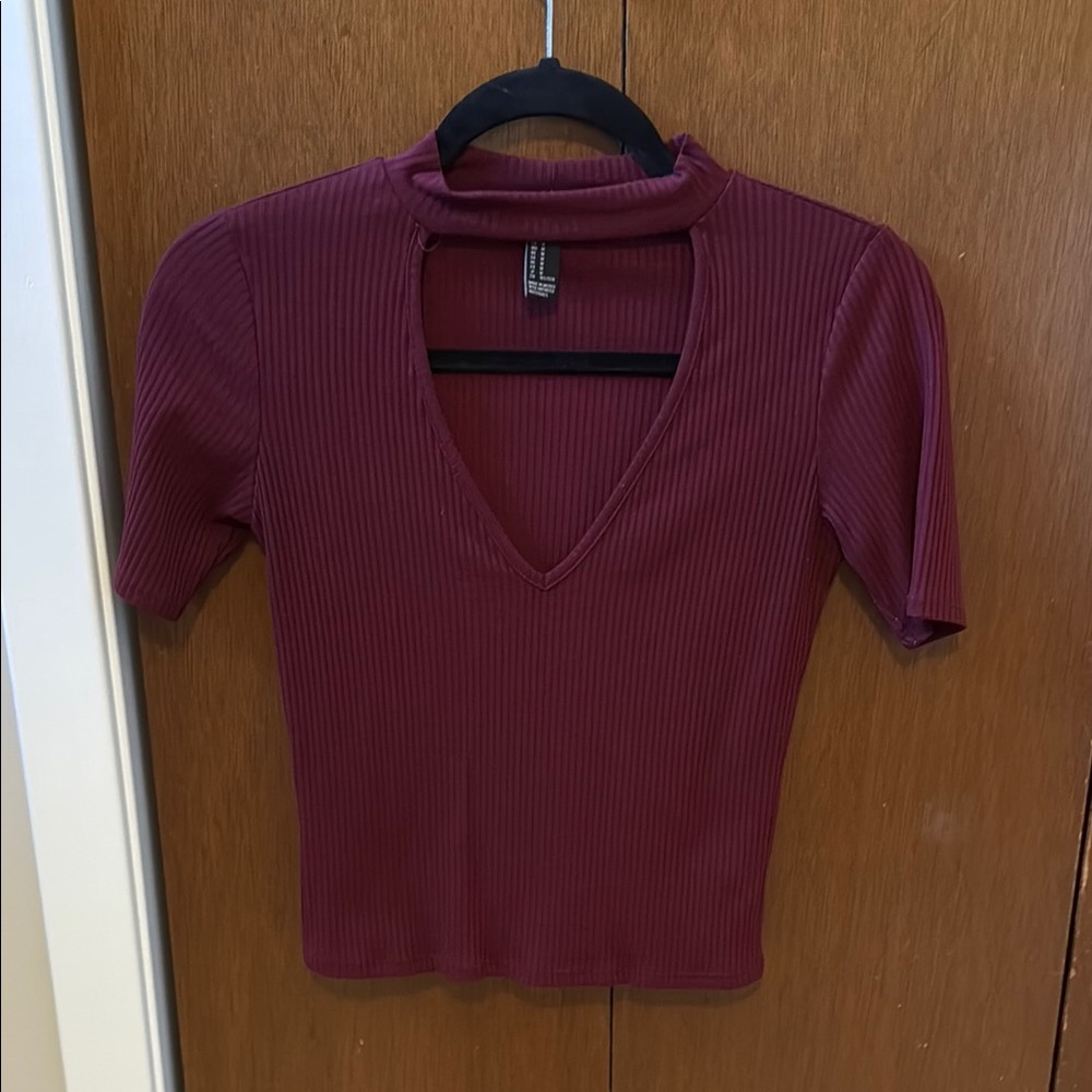 Forever 21 Ribbed Short Sleeve Top in Burgundy